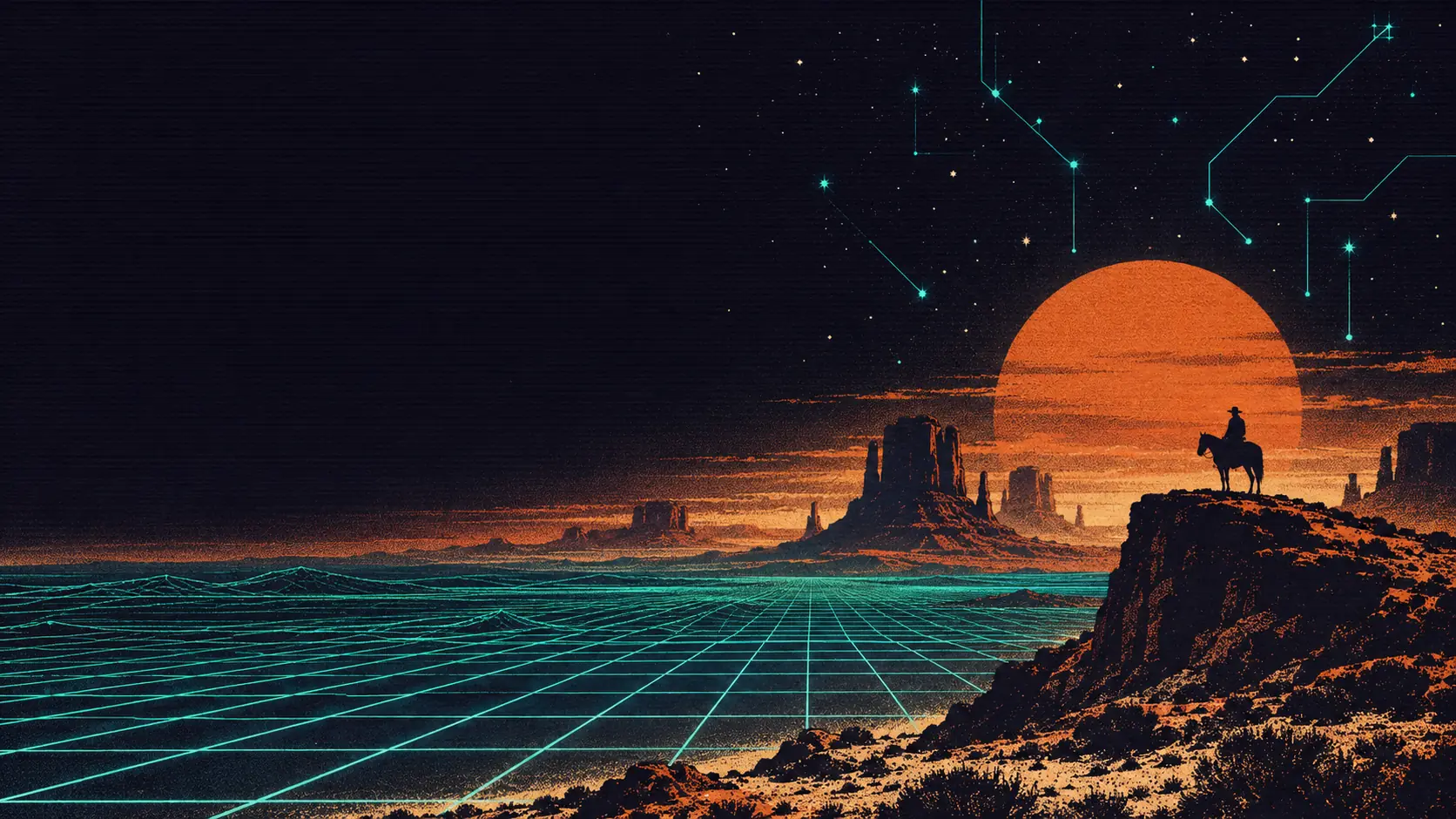 A lone rider on a mesa at sunset above a glowing wireframe desert